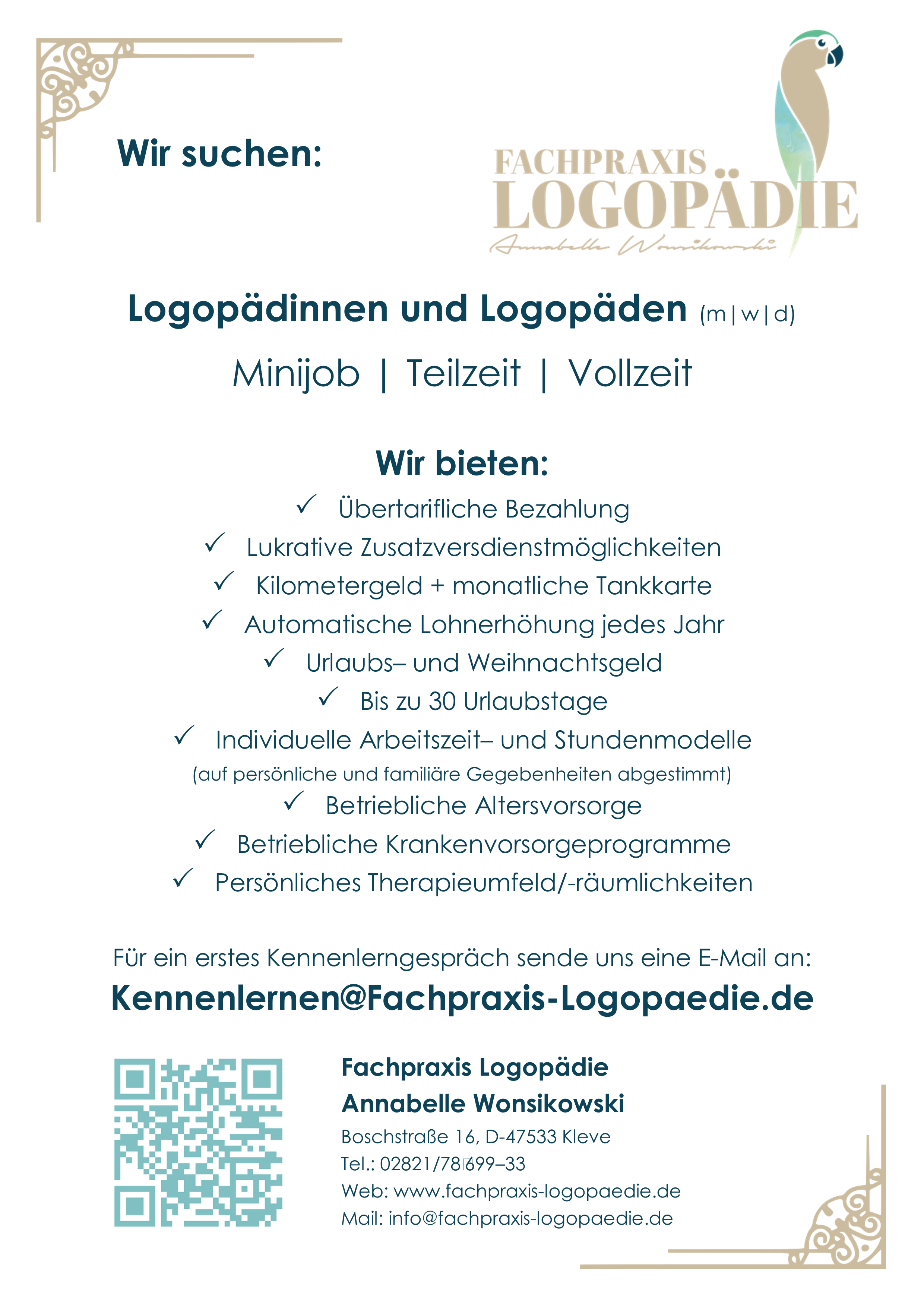Stellenanzeige Fachpraxis Logopädie Kleve Kranenburg und Bedburg-Hau